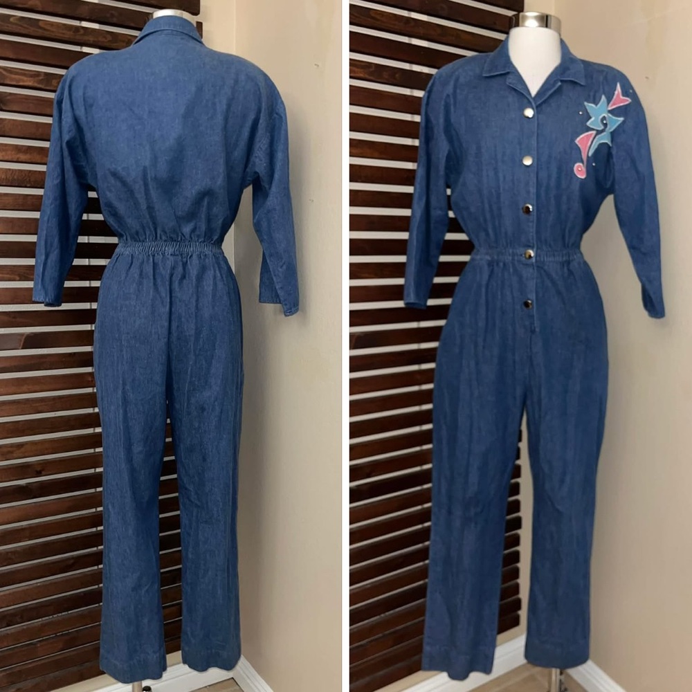 1980s 80sVintage Denim Blue Pink Embroidered Silver Stud Button Jumpsuit
